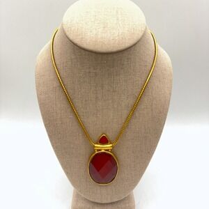 Chico's Pendant Necklace Red Gold Tone Statement Faceted Resin Snake Chain Bold